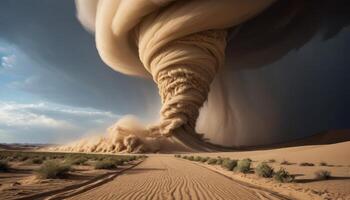 Powerful Sandstorm Vortex Across Desert Landscape photo