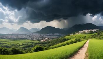 Panoramic View Of Valley With Stormy Clouds And Hills photo