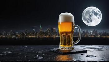 Night Cityscape with Frosty Beer Mug Under Full Moon photo