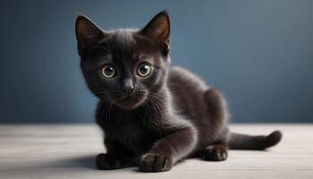 Playful Black Kitten with Bright Eyes on a Wooden Surface Against a Soft Blue Background photo