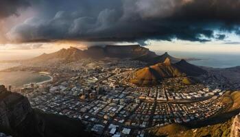 Dramatic Sunset Cityscape with Mountains and Dark Clouds photo