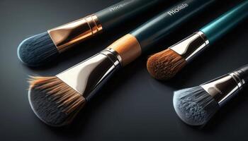 Close-Up of Four Makeup Brushes with Teal and Rose Gold Handles photo