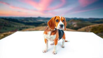 Beagle Dog on White Platform Against Sunset Landscape photo