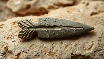 Ancient Gray Stone Arrowhead on Sandy Ground photo