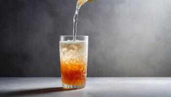 Pouring Beverage Into Glass On Dark Background photo