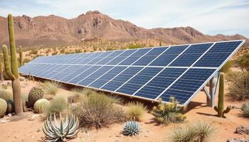 Solar Panels Installation In Desert Landscape With Cactus And Mountains photo