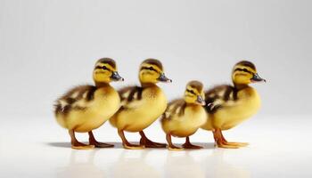 Four Yellow Fluffy Ducklings in a Row Against White Background photo