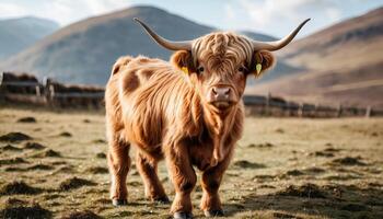 Highland Cow in a Mountainous Field photo