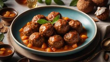Savory Meatballs Glazed with Sweet Sauce and Fresh Mint on a Rustic Table Setting photo