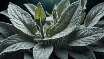 Silver-Green Plant with Dew Drops in Dark Setting photo