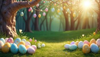 Pastel Easter Eggs on Grassy Clearing in Sunlit Forest photo