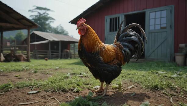 Rooster in a Rustic Barnyard on a Sunny Day photo