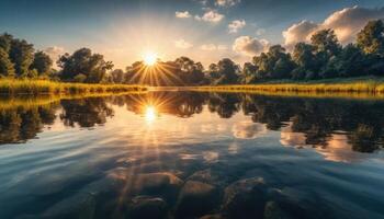 Serene Sunset Reflection on Calm Lake Water photo