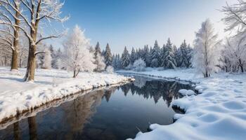 Snowy Winter Landscape With Reflection On Calm River photo