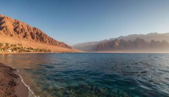 Calm Turquoise Water and Sunlit Mountains at a Desert Beach photo