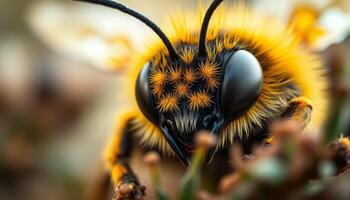 Close Up of a Yellow and Black Bee Covered in Pollen photo