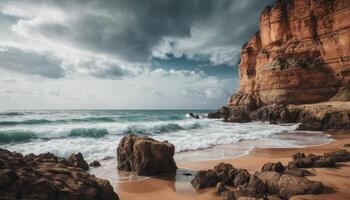 Dramatic Coastal Scene with Turquoise Water and Red Cliffs photo