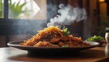 Steaming Fried Rice Dish with Herbs on Wooden Table photo