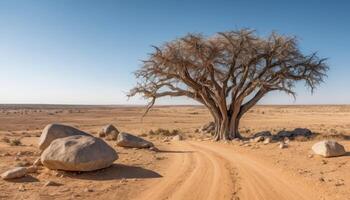 Ancient Tree in a Sandy Desert Under a Clear Blue Sky photo