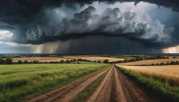 Dark Storm Clouds Over Rural Fields and Dirt Road photo