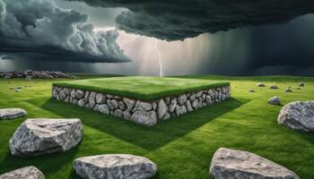 Stone Platform in Grassy Field Under Dramatic Stormy Sky photo