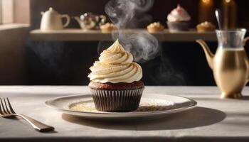 Steaming Chocolate Cupcake with Vanilla Frosting on White Plate photo
