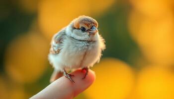 Close-Up Of A Bird Perched On A Finger Against A Soft Blurred Yellow Background photo