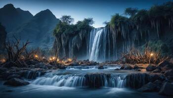 Serene Waterfall at Twilight with Soft Lighting photo
