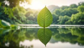 Green Leaf Floating on Calm Water with Sunlight Reflection photo