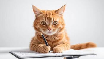 A Orange Tabby Cat Writing at Desk photo