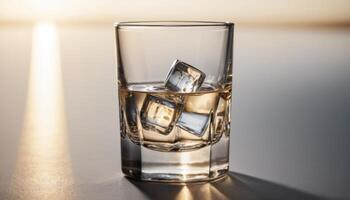Close-Up of Glass with Ice Cubes and Whiskey on Table with Soft Natural Light photo