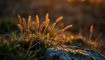 Golden Grass at Sunset Close Up of Illuminated Plants on Rock photo