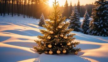Golden Christmas Tree In Snowy Forest At Sunset photo