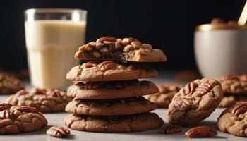 Golden Brown Pecan Cookies Stacked High on Gray Surface photo