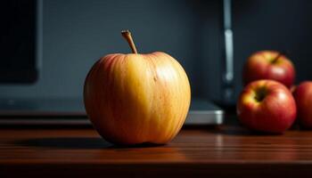 Single Red and Yellow Apple on Wooden Desk with Blurred Background photo