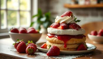 Layered Strawberry Shortcake Dessert with Whipped Cream on Wooden Table photo