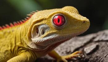 Close-Up of an Unusual Yellow Lizard with Striking Red Eyes on a Wooden Log in Natural Setting photo