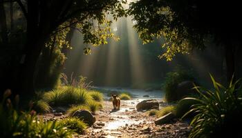 Dog in a Sunlit Forest Stream photo