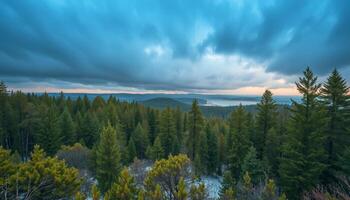 Panoramic Evergreen Forest Under a Dramatic Sky photo