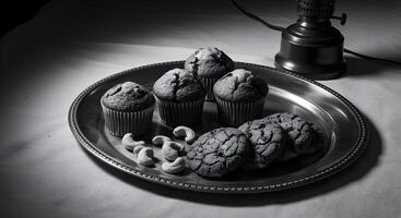 a black and white photo of some cookies and a lamp