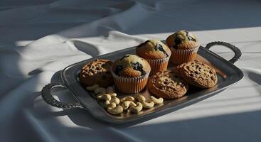 a tray of muffins and nuts on a table photo