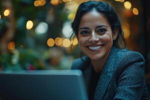 Smiling woman working on a laptop in a cozy, illuminated cafe during evening hours photo