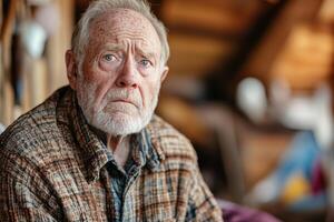 Older man with thoughtful expression sitting indoors in rustic setting during daytime photo