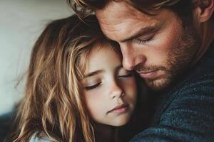 Father and daughter share a tender moment in cozy indoor setting photo