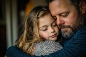 Heartwarming embrace between father and daughter in cozy indoor setting photo