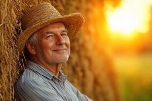 Smiling farmer enjoying sunset near haystack in rural landscape photo
