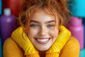 Bright smile of a young woman in a cozy setting with colorful bottles in the background photo