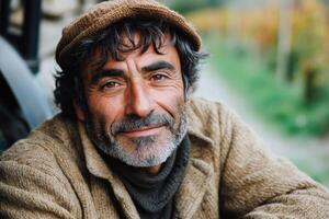 Smiling man with gray beard and warm sweater poses outdoors in a vineyard during the day photo
