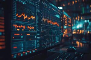 Data analysis workspace with multiple monitor displays and vibrant graphics at night photo