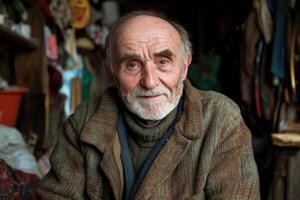 Older man with a warm smile sitting in a cozy workshop filled with various tools and materials photo